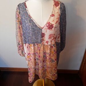 Womens Boho Floral Chiffon Blouse  Peach Pastel Patchwork Ruffled 1XL Umgee USA